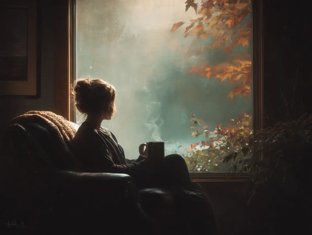A woman wrapped in a blanket, sipping coffee alone near a rainy window—quiet ache and healing.