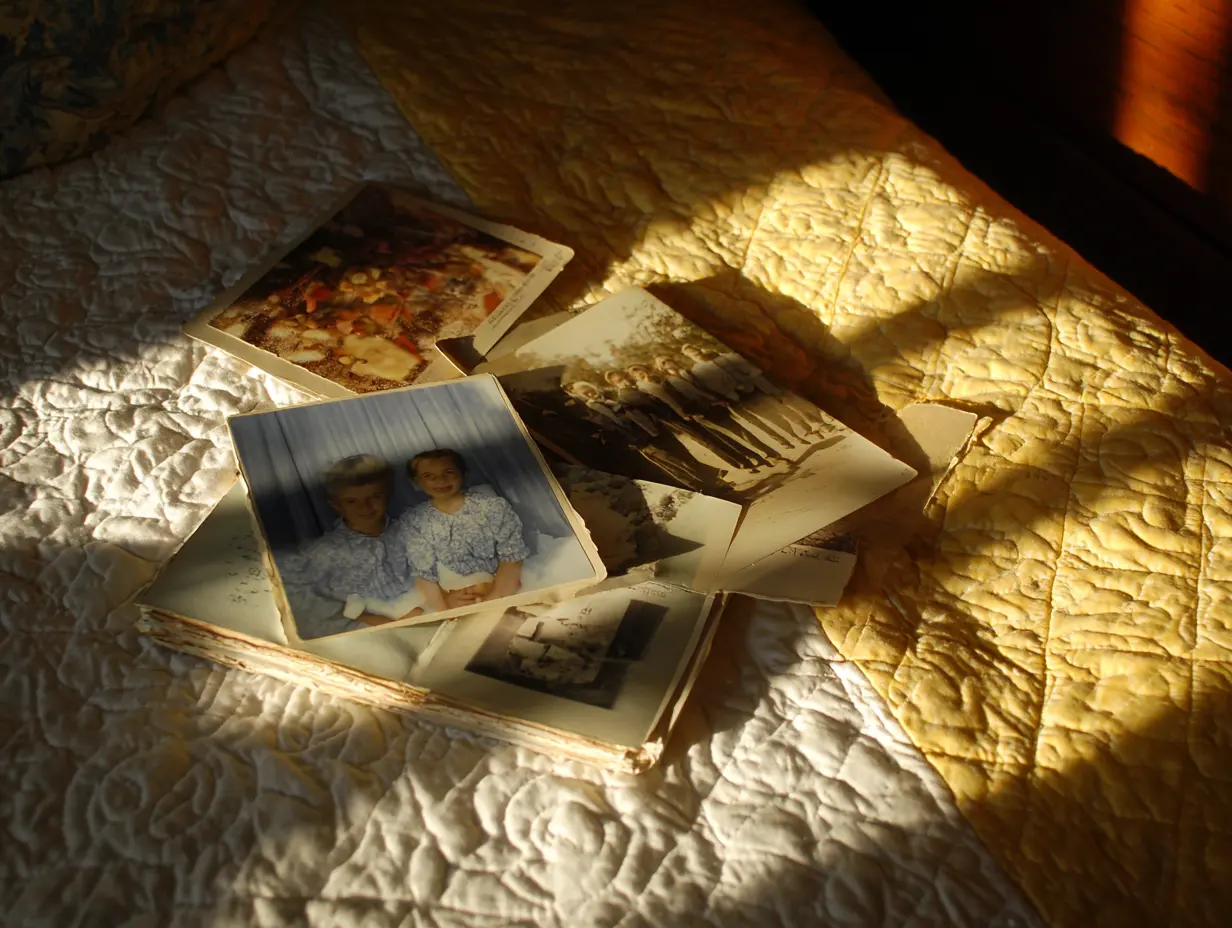 Taking a walk down memory lane: stack of old family photographs resting on a yellow and white quilted bedspread, softly lit by afternoon sunlight through a nearby window; includes faded color and black-and-white prints, evoking nostalgia and the emotional weight of memory.