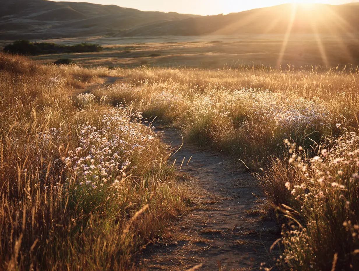 Open field at golden hour wildflowers swaying