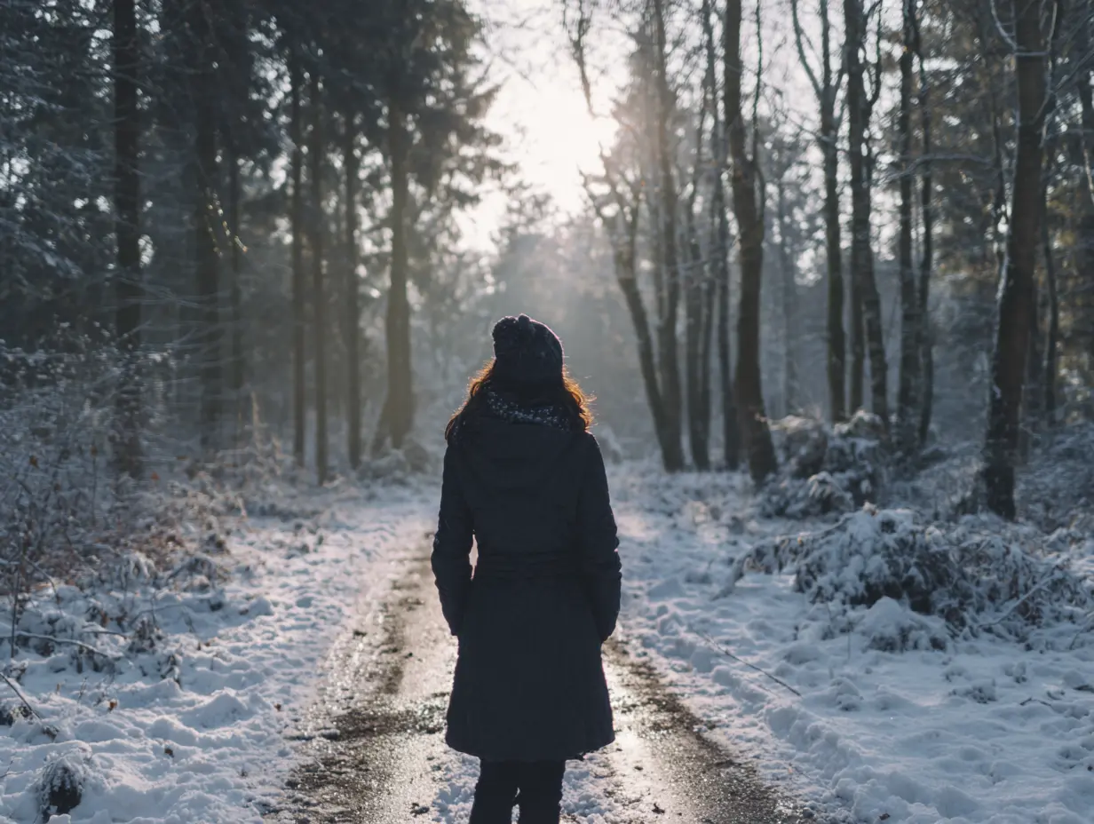 Woman walking alone on snowy forest path toward bright light, representing strength, hope, and moving forward with the truth that you are enough despite past struggles.