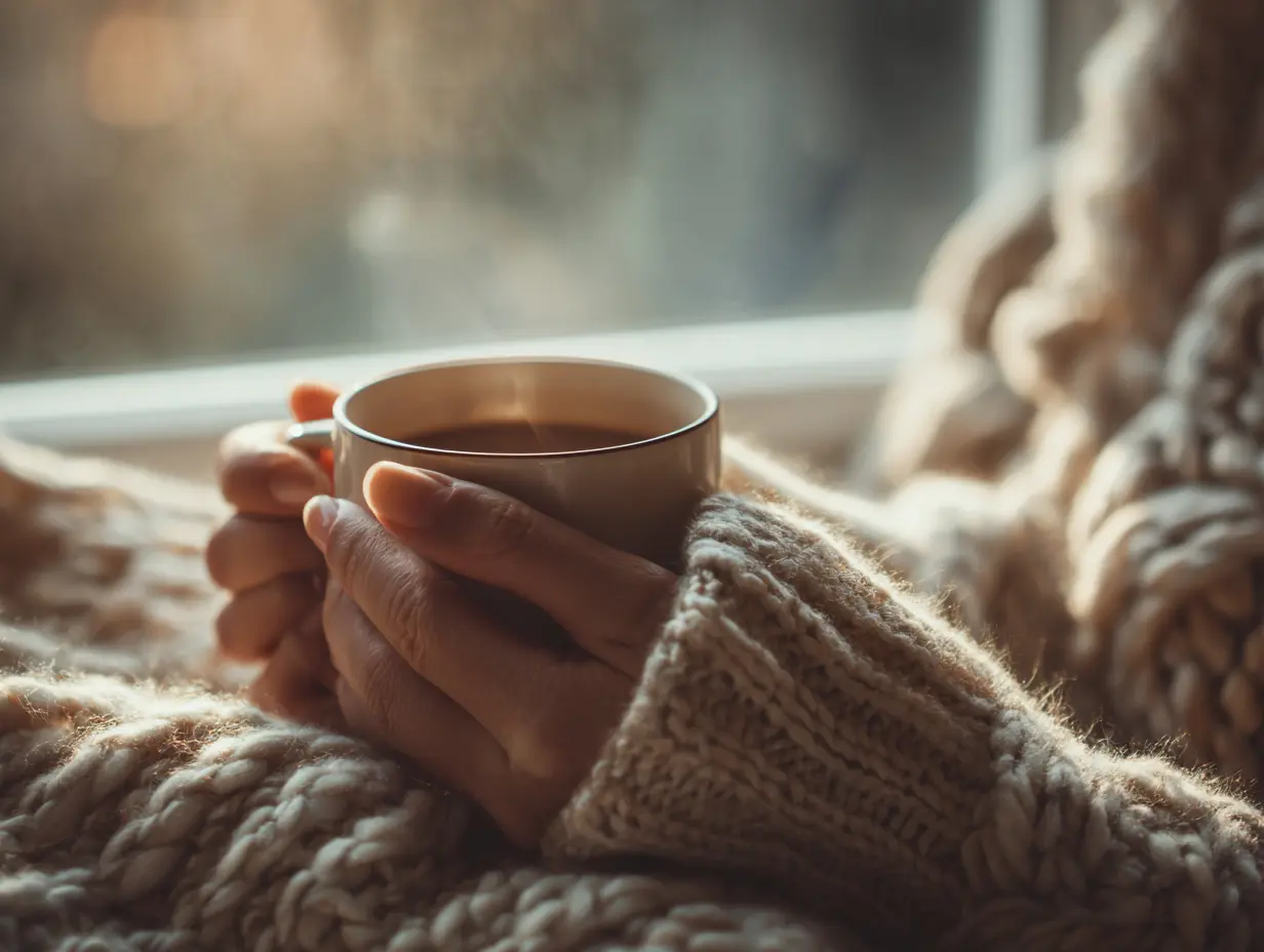 Close-up of woman's hands holding warm mug of coffee wrapped in cozy knit blanket by winter window, representing comfort and self-compassion in knowing you are enough.