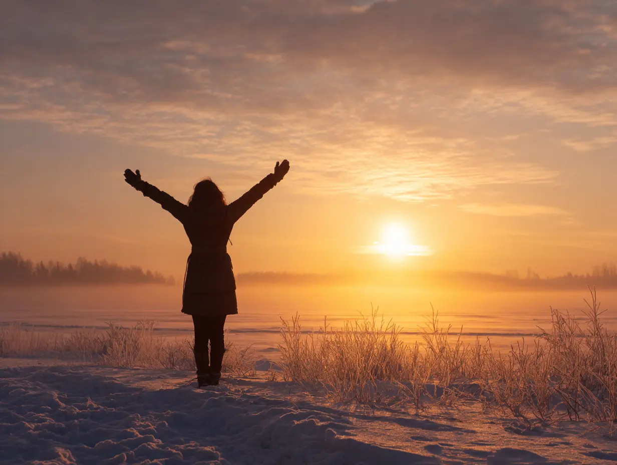 Woman with arms raised celebrating freedom at golden winter sunrise over snowy field, symbolizing the empowering truth that you are enough and worthy of self-love.