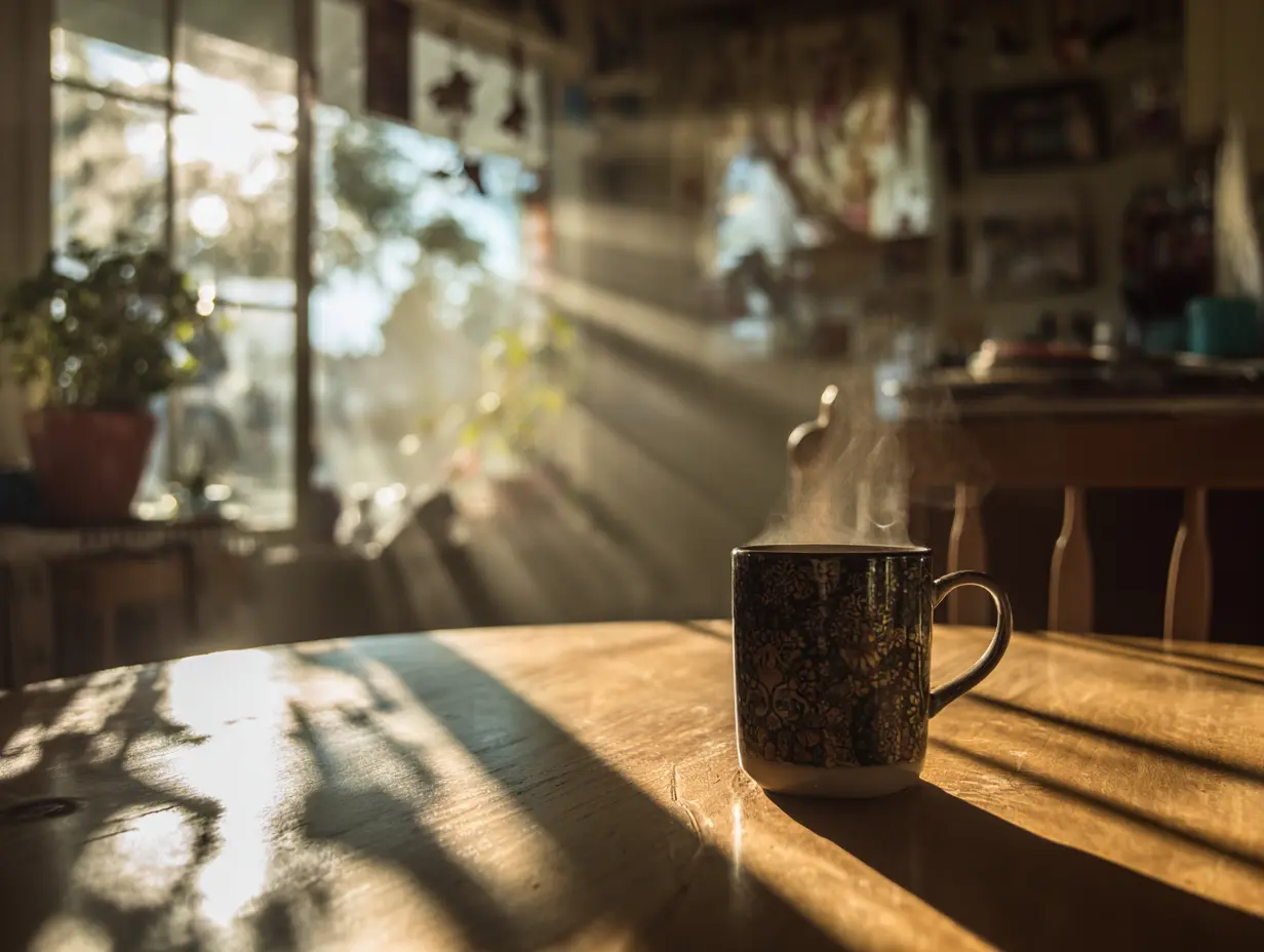 Steaming coffee mug on a wooden table with warm morning sunlight streaming through a window, casting long shadows across a cozy room with plants and soft golden light.