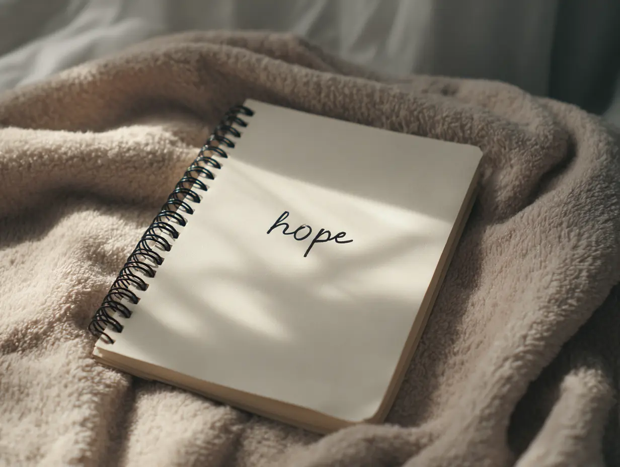 Spiral notebook resting on a soft blanket with the word “hope” handwritten on the page, illuminated by gentle natural light creating a calm and reflective atmosphere.